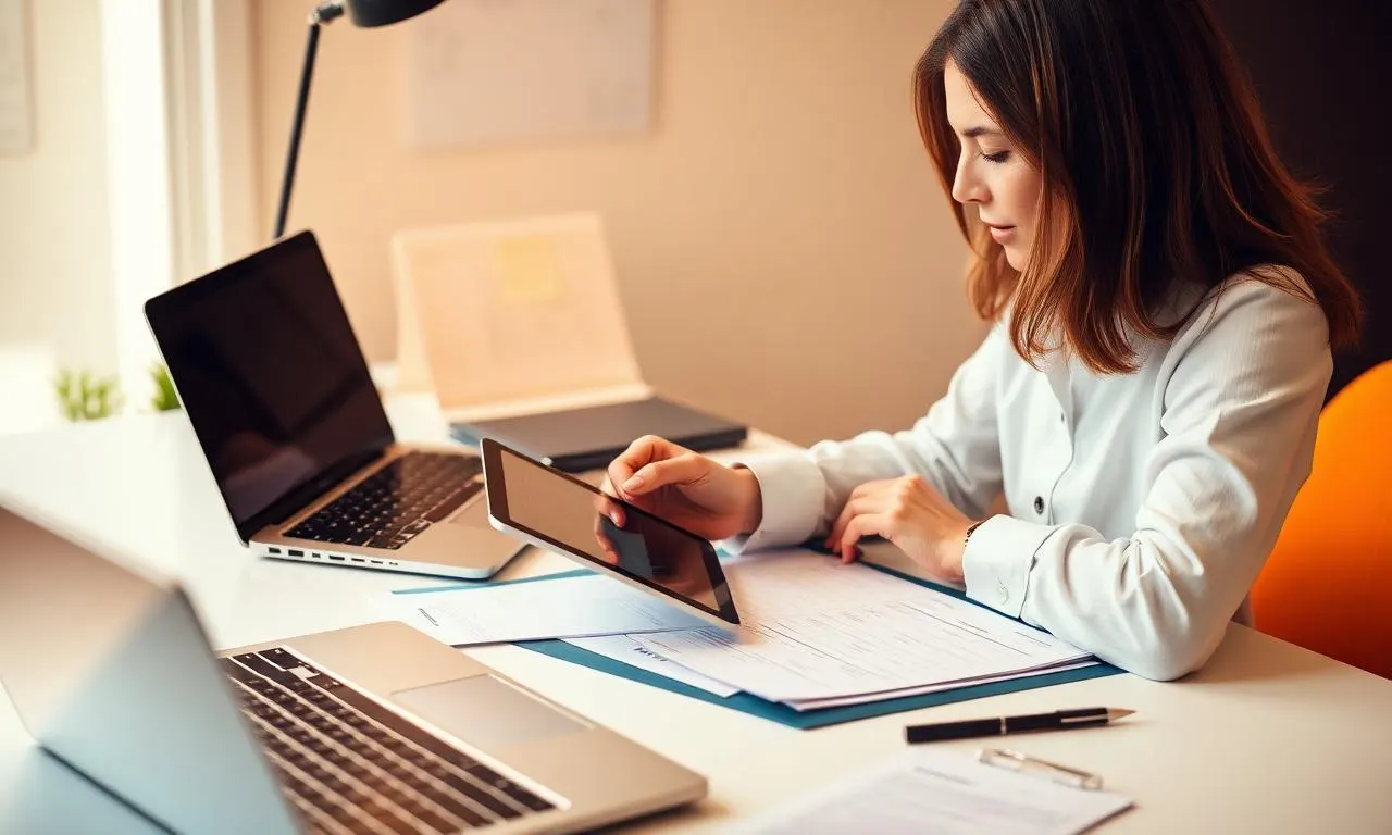 Responsable de administración revisando facturas y el software de facturación de la empresa